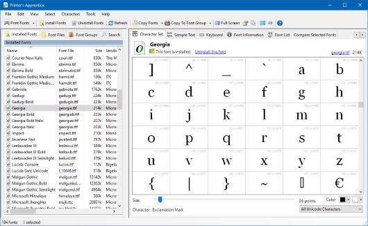 Printer's Apprentice - Windows font manager - character set screen