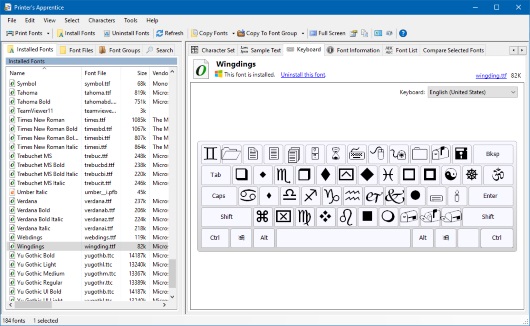 Printer's Apprentice - Windows font manager - keyboard chart screen